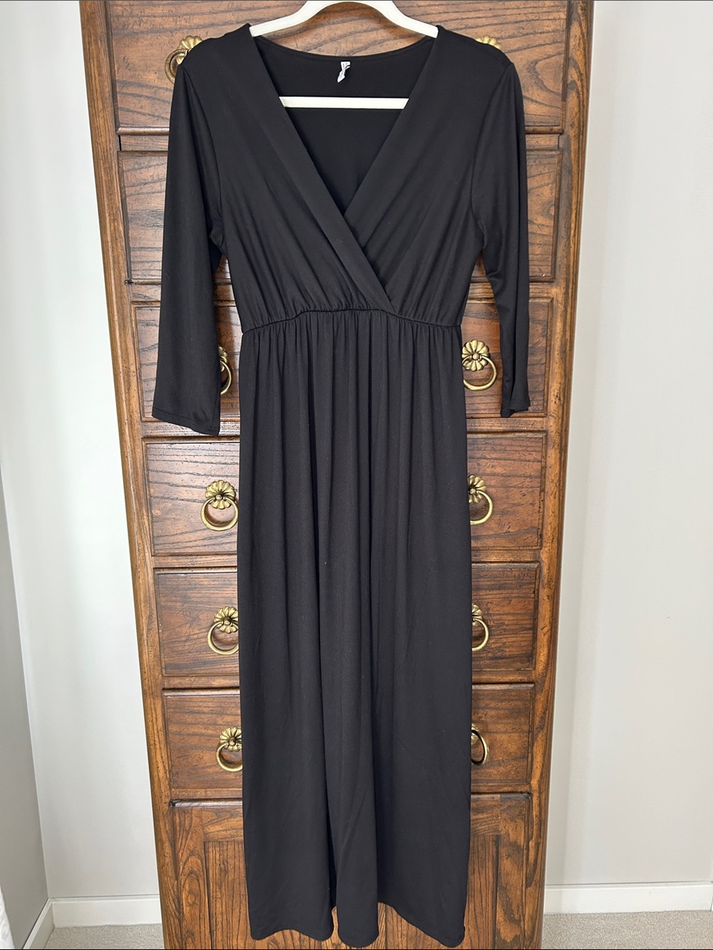 Mother Bee Maternity Black V-Neck Three Quarter Sleeve Maxi Dress, Size L